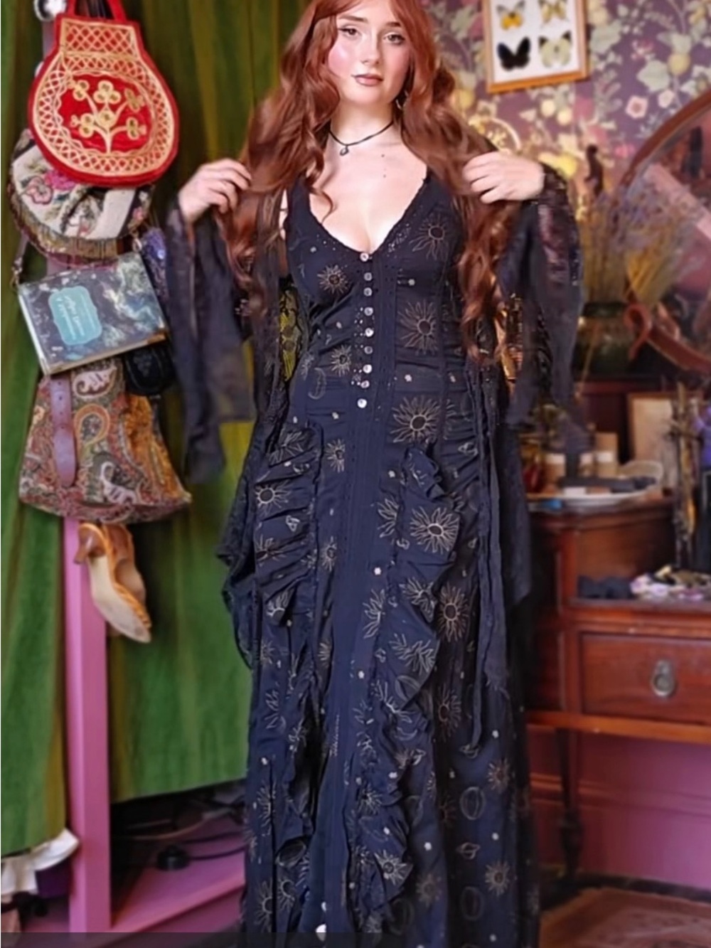 Tree of Life Black Celestial Button-Front Maxi Dress